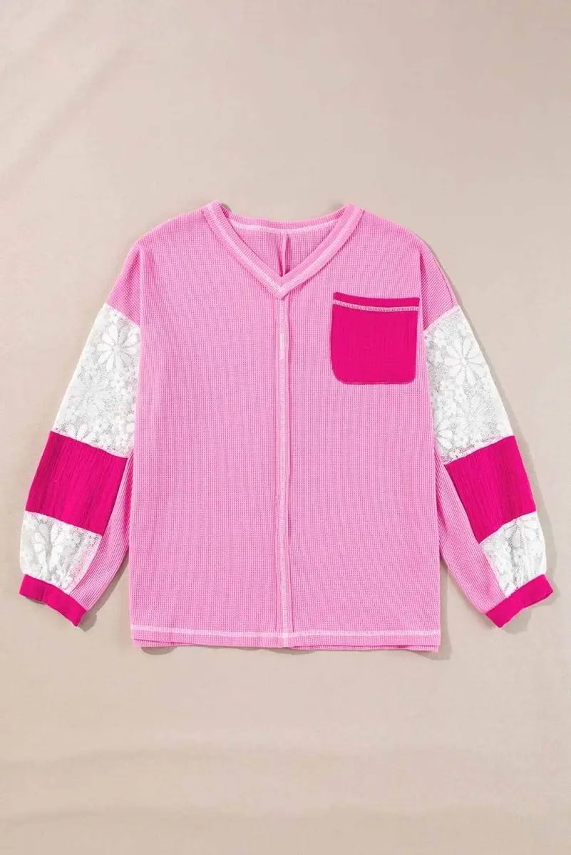 Bonbon Lace Floral Patchwork Sleeve Stitching V Neck Rib Knit Blouse - Love Salve